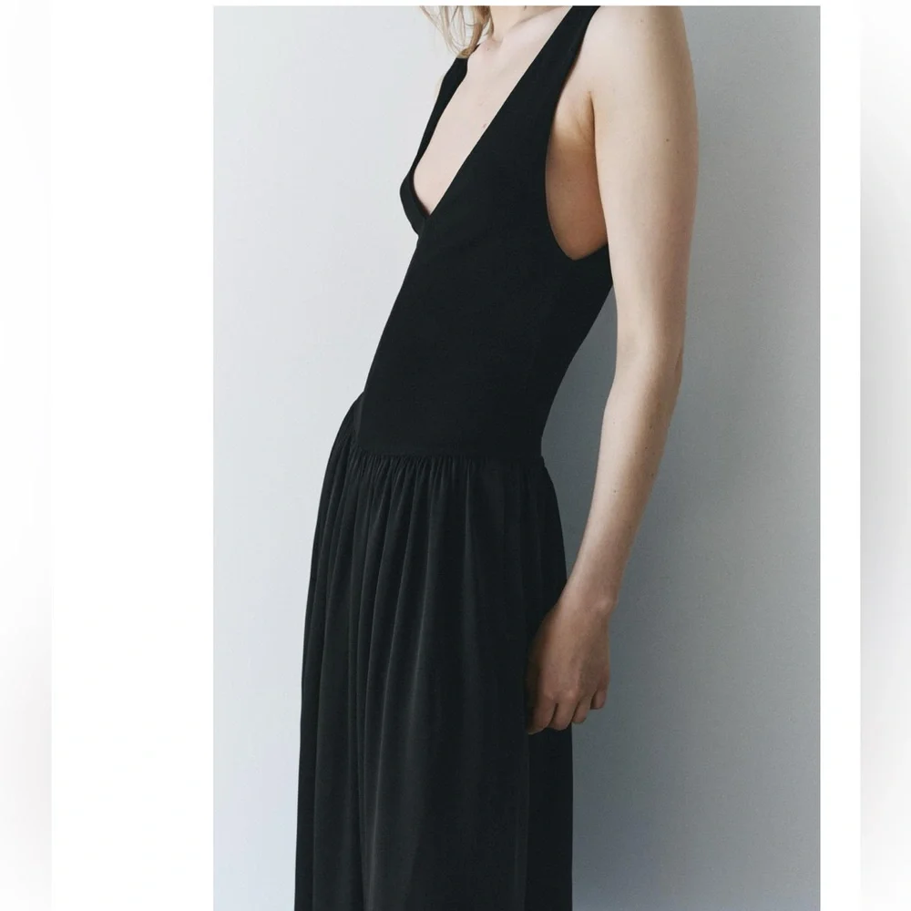 Zara Black Contrast Midi Dress V-neck Dropped waist Tonal fabric size S NWT - Picture 10 of 16